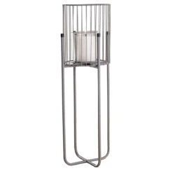 Windlicht Auf Eisenständer Rund Ø 22 X 73 Cm In Grau Mit Glaseinsatz