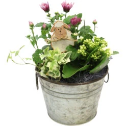 Zinktopf Im Old Look, Mit Pflanzen Und Deko