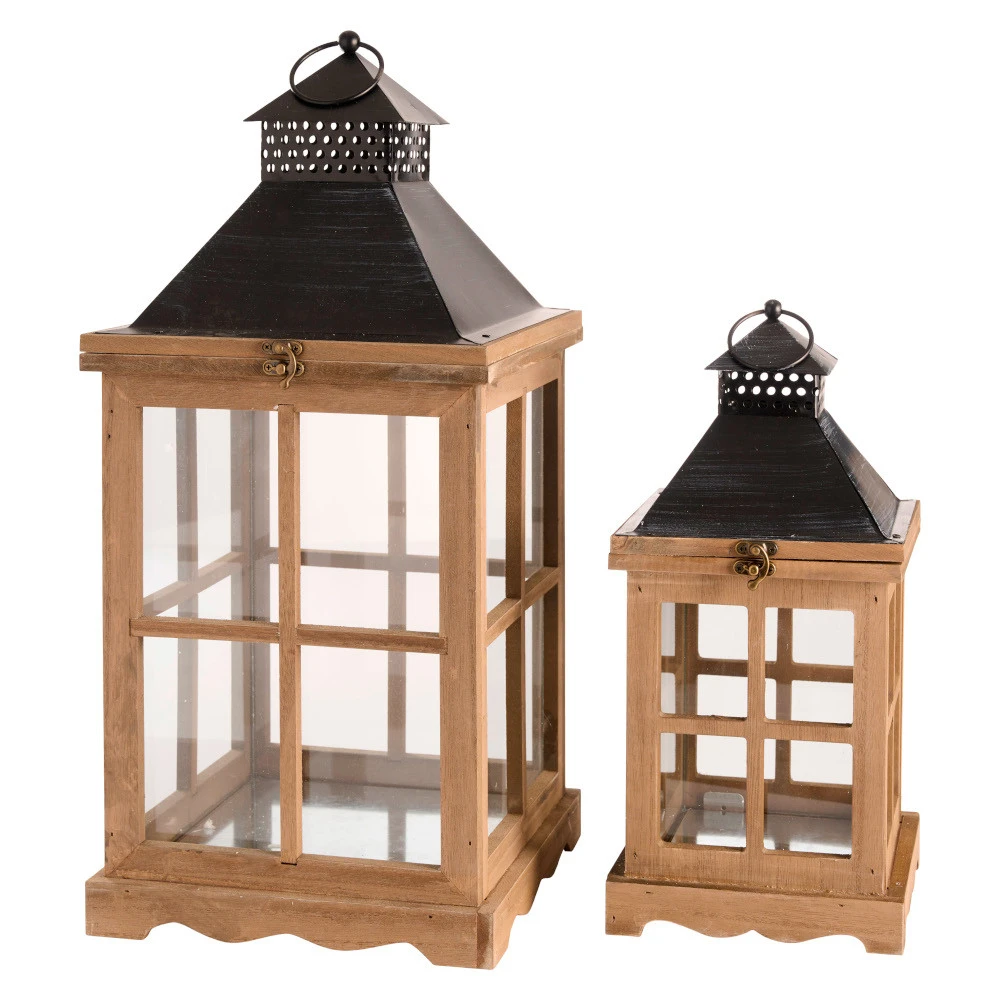 Laterne Aus Kiefernholz/MDF Mit Echtglaseinsatz, 2er Set 3 Laterne Aus Kiefernholz/MDF Mit Echtglaseinsatz, 2er Set