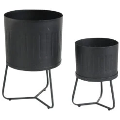 Blumentopf-Set 2-teilig Aus Schwarzem Eisen Mit Gestell